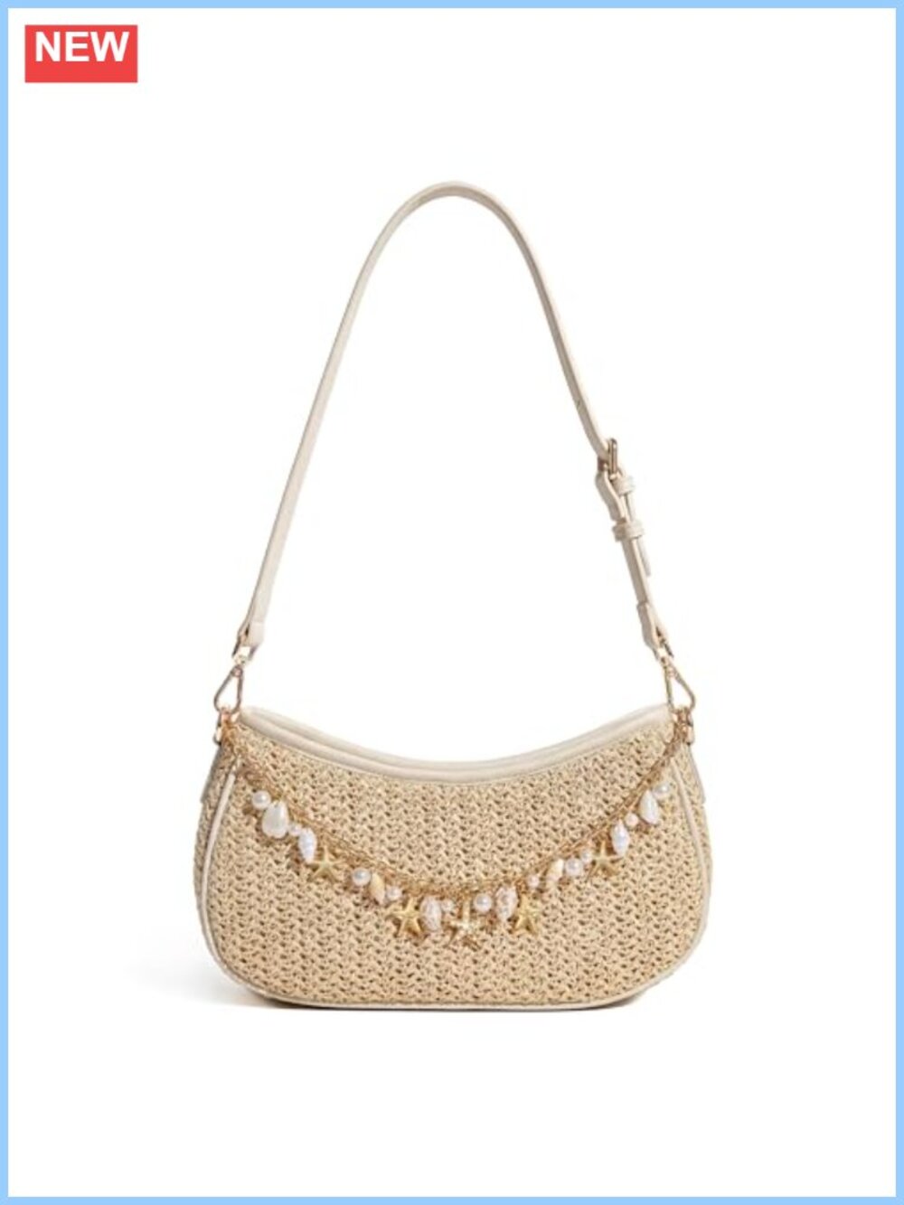 Raffia Straw Woven Shoulder Bag Boho Summer Beach Purse Charm Chain